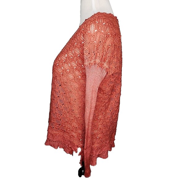 Free People Women's Sweater Open Knit Ruffle Hem Pullover Coral Orange S EUC - Picture 2 of 7